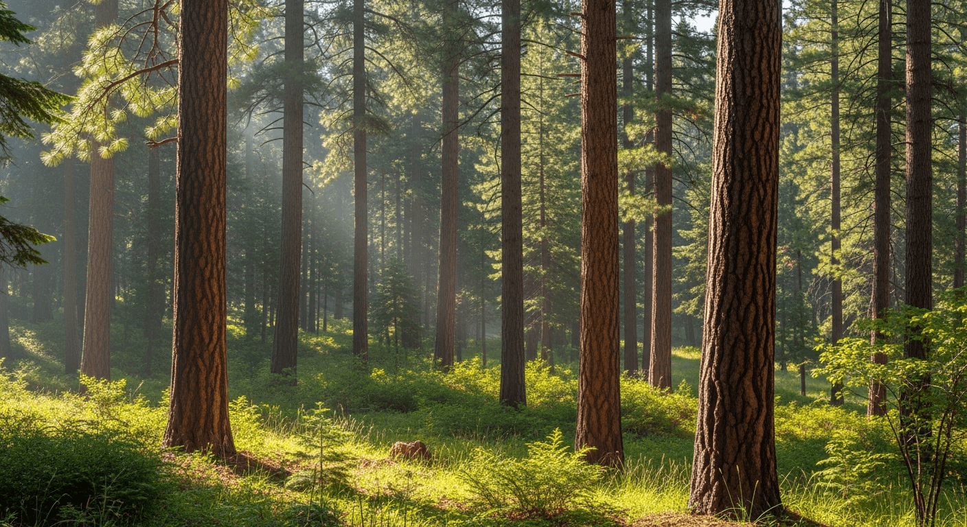 Tall ponderosa pine forest of the Sierra Nevada near Grass Valley, CA — KTN Roofing service area