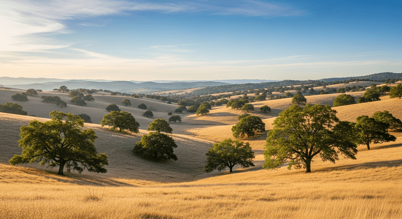Rolling oak savanna grasslands of northern Placer County near Lincoln, CA — KTN Roofing service area